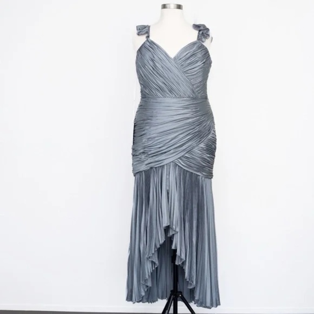 Mac Duggal NWT GREY 77009 Ruched Pleated High-Low Gown Sz 16W (slate Grey/blue)